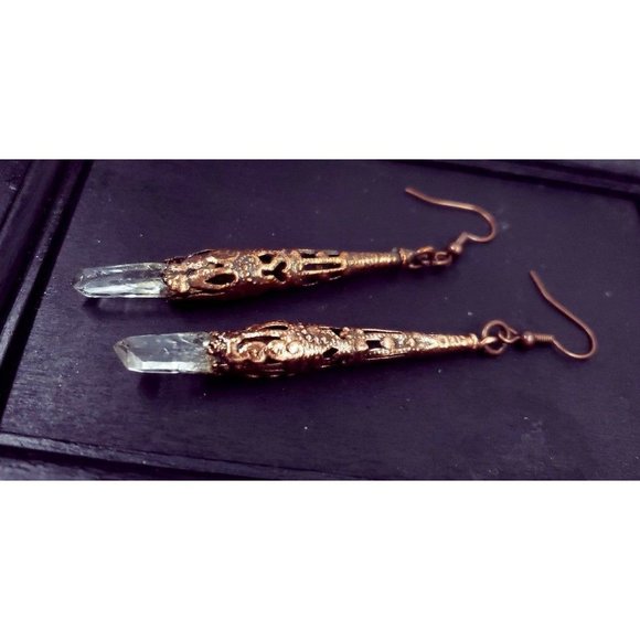 Copper plated filigree quartz crystal earrings handmade gothic style jewelry - Picture 6 of 12